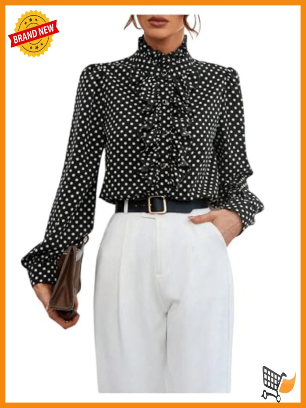 Polka Dot Ruffle Mock Neck Button Down Blouse